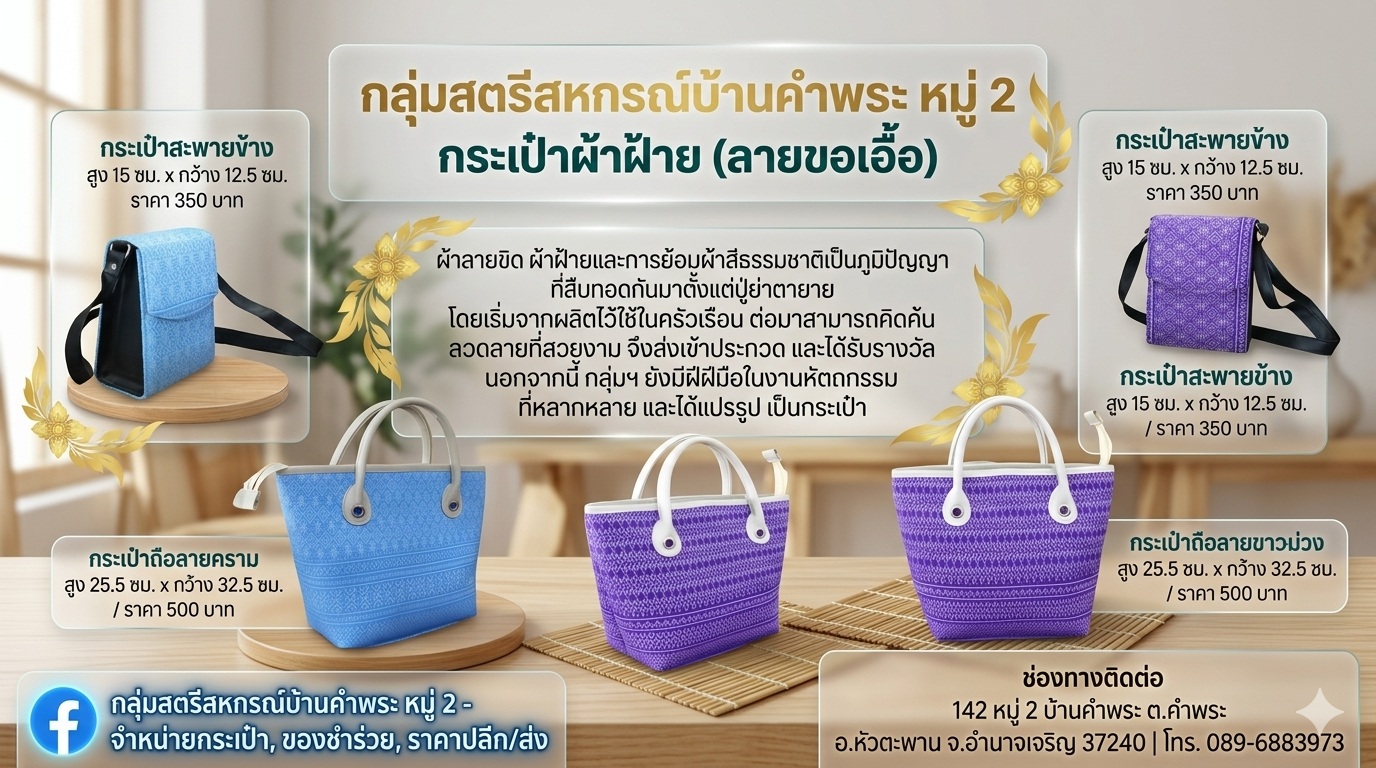 กระเป๋าผ้าฝ้าย (ลายขอเอื้อ) กลุ่มสตรีสหกรณ์บ้านคำพระหมู่ 2